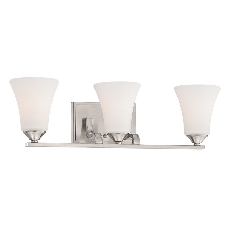 Atlas Lighting Treme 23in 3-Light Vanity Light | Traditional Brushed Nickel Metal and White Glass | Bathroom Vanity & Powder Room | Model WL11462-NK