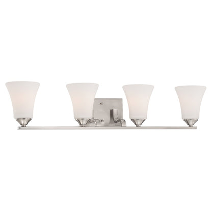 Atlas Lighting Treme 32in 4-Light Vanity Light | Traditional Brushed Nickel and White Glass | Bathroom Vanity | 32 x 7 x 6.75 in | Model WL11463-NK