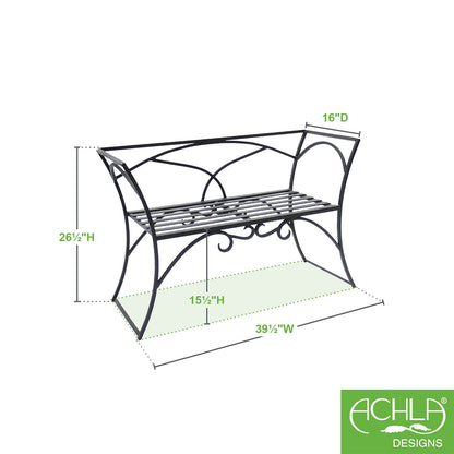 ACHLA Arbor Bench With Back | Black Wrought Iron Outdoor Garden Bench | Patio & Entryway Seating | 41 x 16 x 28 in | Model AR-03