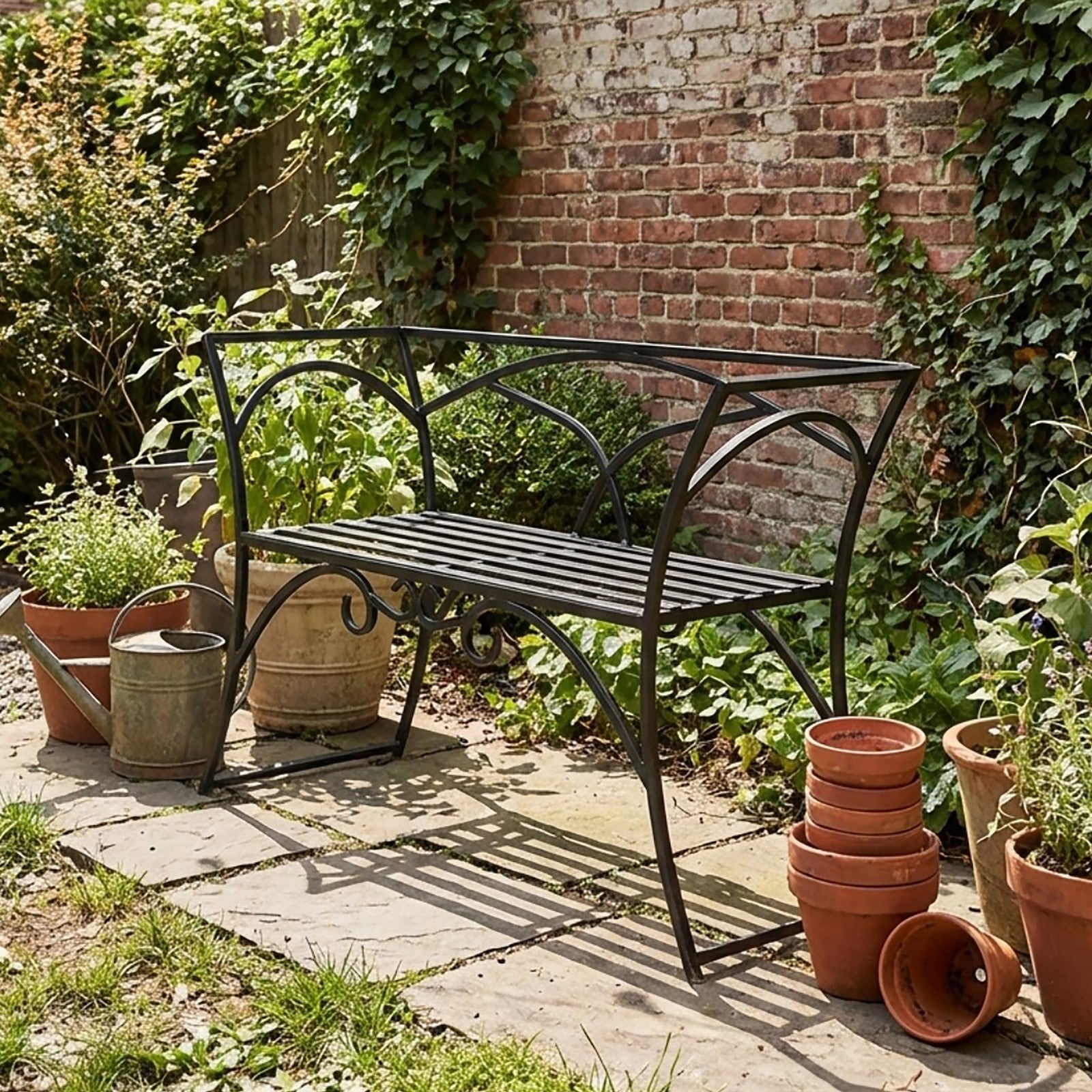 ACHLA Arbor Bench With Back | Black Wrought Iron Outdoor Garden Bench | Patio & Entryway Seating | 41 x 16 x 28 in | Model AR-03