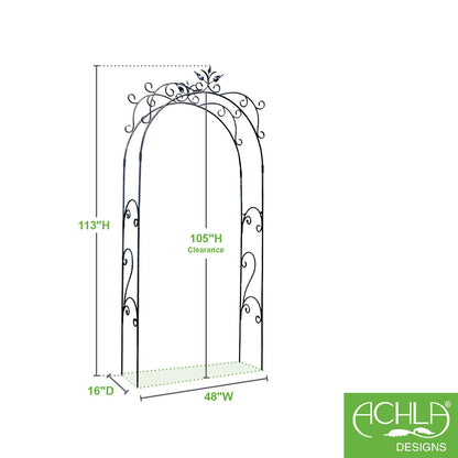 ACHLA Tuileries Arbor 48in Wrought Iron Garden Arbor | Black Powder Coated Metal | Garden Entryway & Trellis | 48 x 16 x 113 in | Model ARB-01