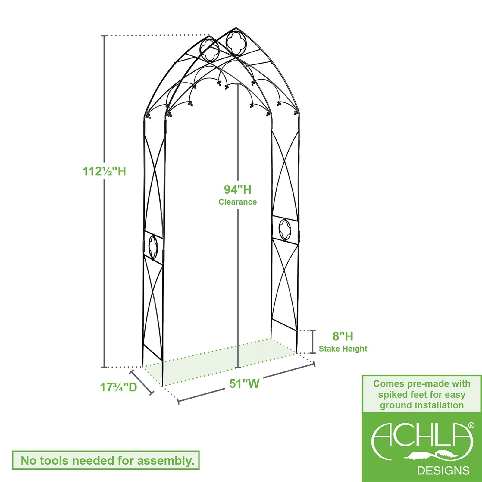 ACHLA Quatrefoil Arbor 112in Tall | Gothic Wrought Iron Garden Arch in Graphite | Walkway & Wedding Decoration | 51 x 18 x 112 in | Model ARB-07