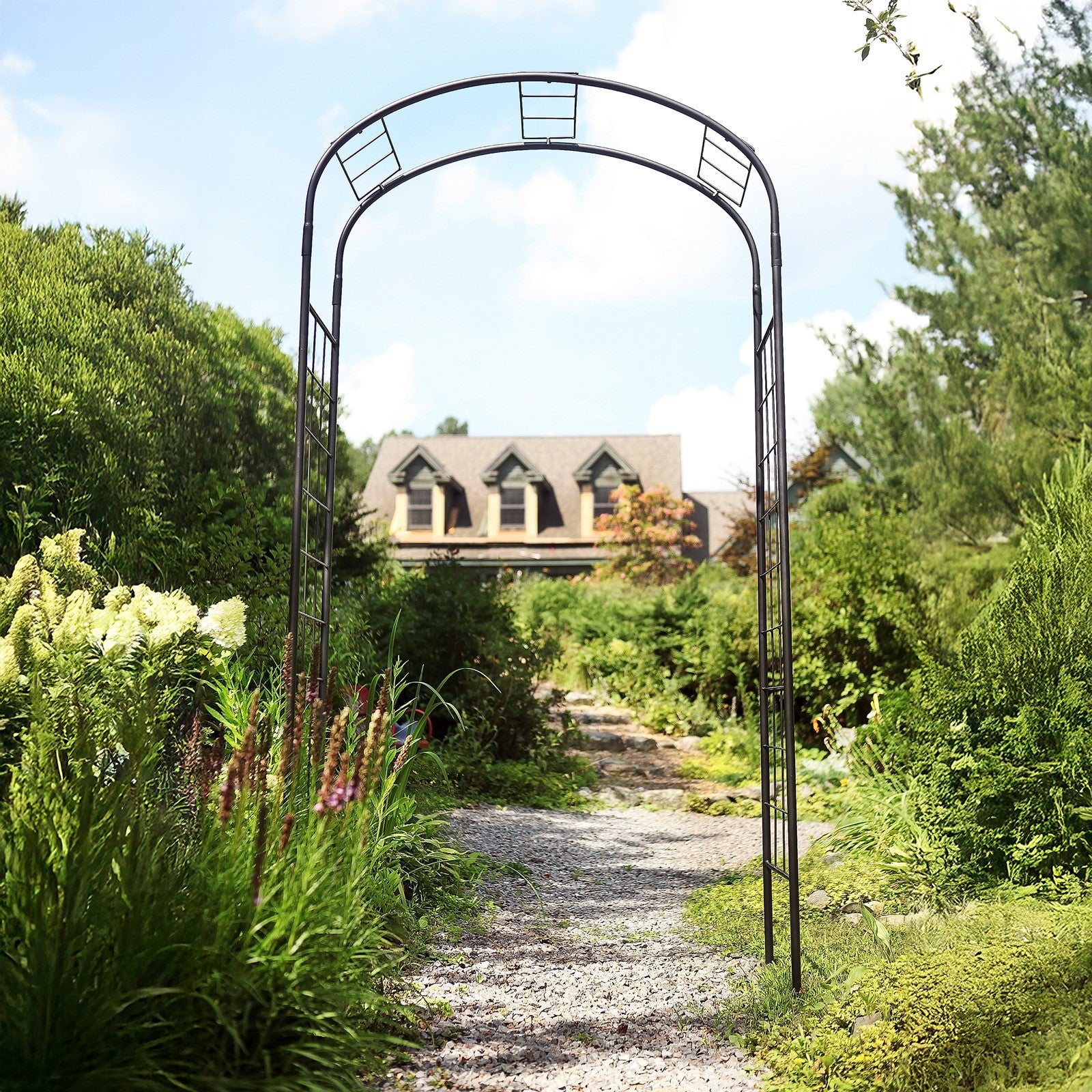 ACHLA Monet Arbor | Wrought Iron Garden Arch with Graphite Powder Coat | Entryway & Vine Support for Gardens | 55W x 21D x 100H in | Model ARB-10