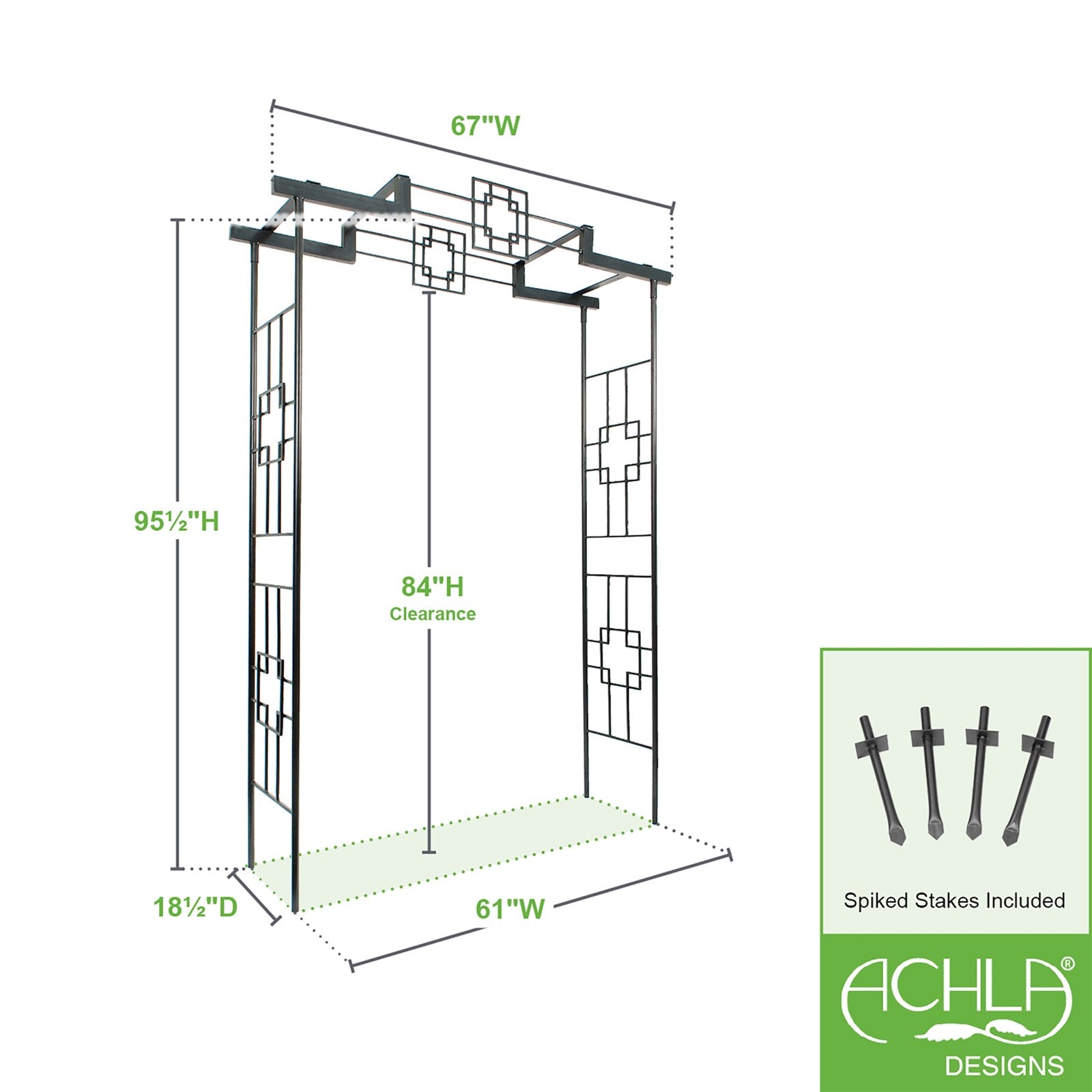 ACHLA Square-On-Squares Arbor II 61in W x 18.5in D x 95.5in H | Modern Craftsman Wrought Iron Graphite | Garden Entryway & Walkway Arch | Model ARB-26