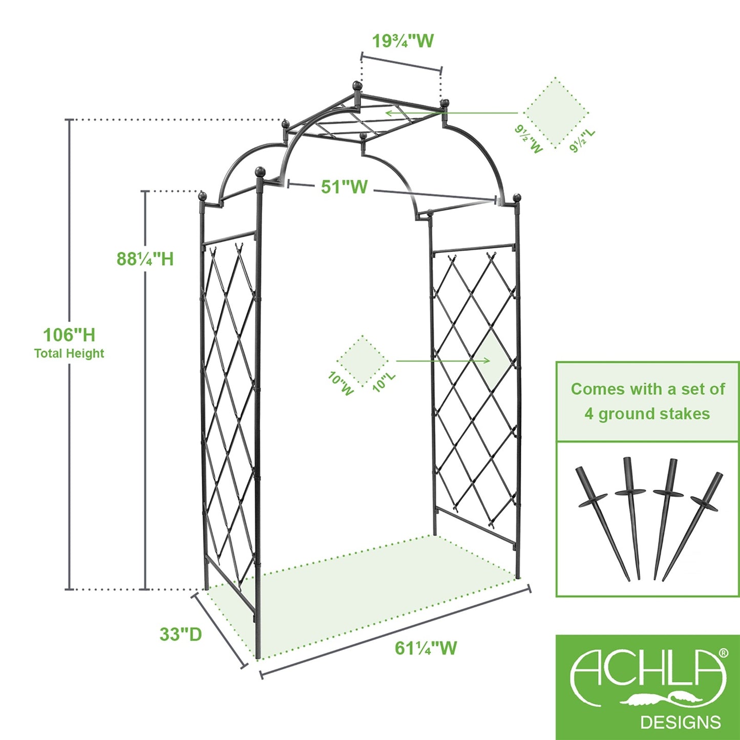 ACHLA Lattice Tunnel Arbor | Graphite Powdercoated Wrought Iron | Garden Entrance & Rose Walk Archway | 33 x 64 x 106 in | Model ARB-32G