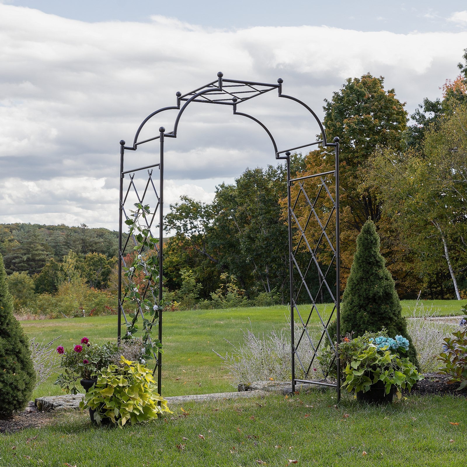 ACHLA Lattice Tunnel Arbor | Graphite Powdercoated Wrought Iron | Garden Entrance & Rose Walk Archway | 33 x 64 x 106 in | Model ARB-32G