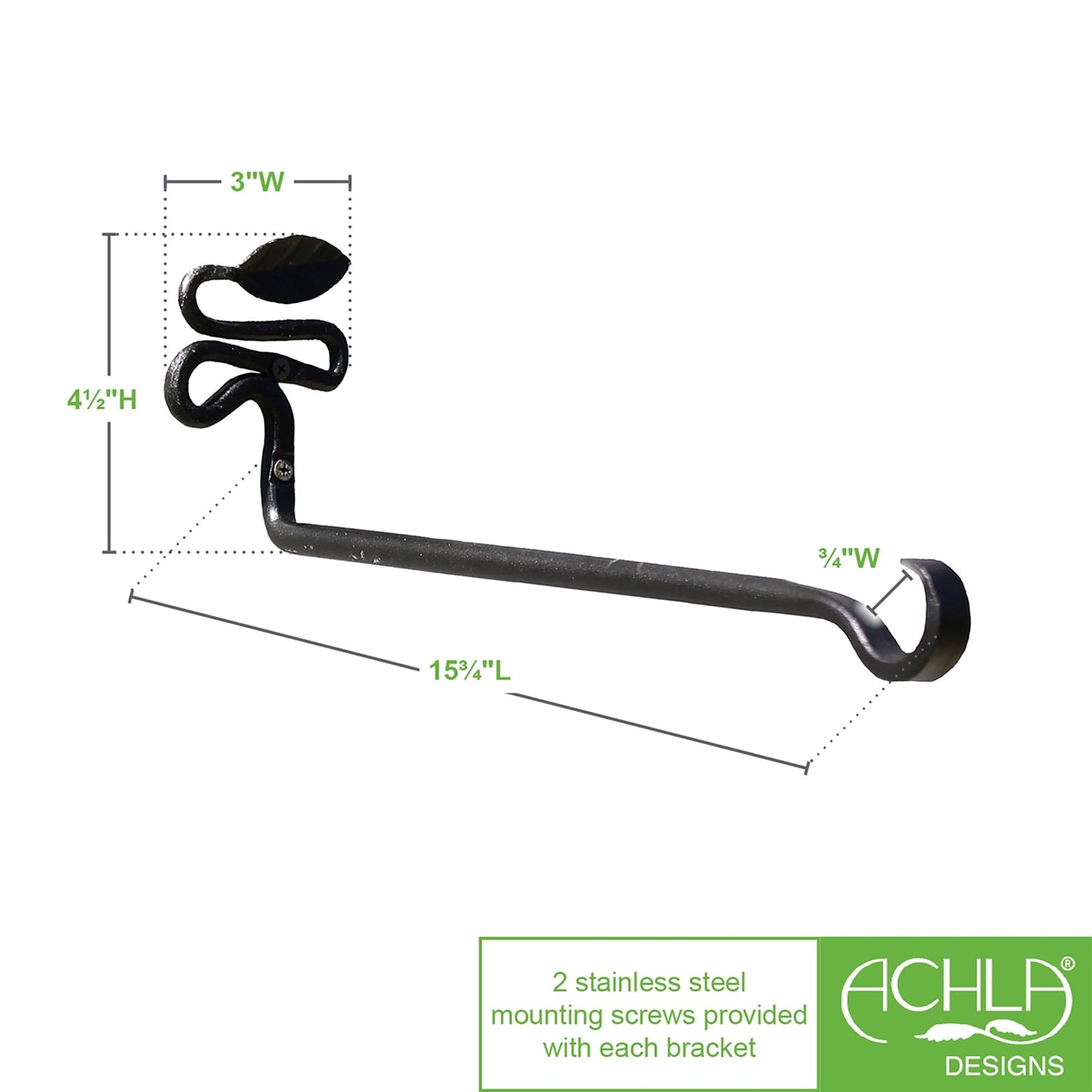 ACHLA Squiggle Leaf Wall Bracket 2-Pack | Black Wrought Iron with Forged Leaf Detail | Entryway & Patio Hook | 3 x 4.75 x 15.5 in | Model B-101-2