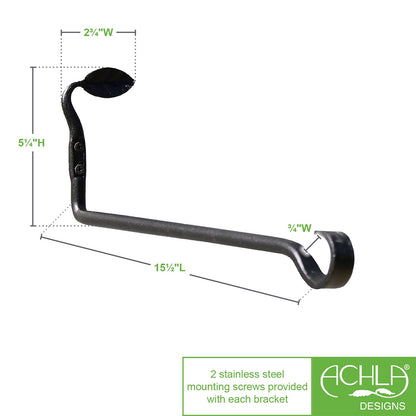ACHLA Straight Leaf Wall Bracket 2-Pack | Black Powdercoat Wrought Iron | Entryway & Patio Hook | 15.5 x 2.75 x 5 in | Model B-102-2