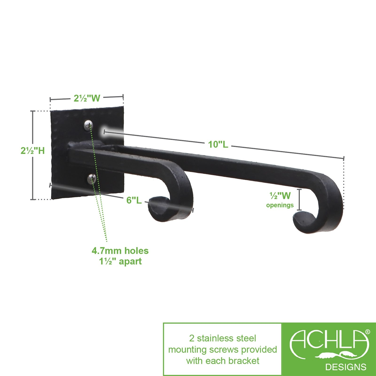 ACHLA Lodge Double Bracket 2-Pack | Black Powdercoat Wrought Iron | Mudroom & Entryway Wall Hooks | 2.5 x 2.5 x 9.5 in | Model B-103-2