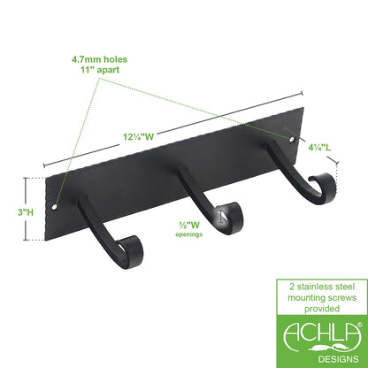 ACHLA Lodge Triple Hook Bracket | Craftsman Wrought Iron Black Powdercoat | Mudroom & Entryway Coat Rack | 12.25 x 4.25 x 3 in | Model B-107