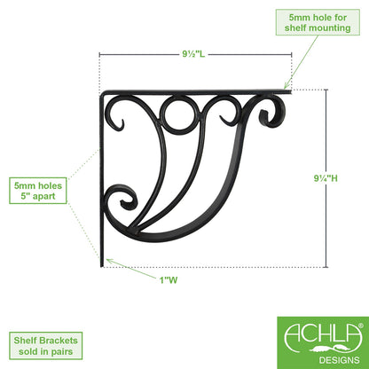 ACHLA Ionic Shelf Bracket B-20 | Black Wrought Iron Wall Bracket | Kitchen & Living Room Shelf Support | 10W x 8.5H in | Model B-20