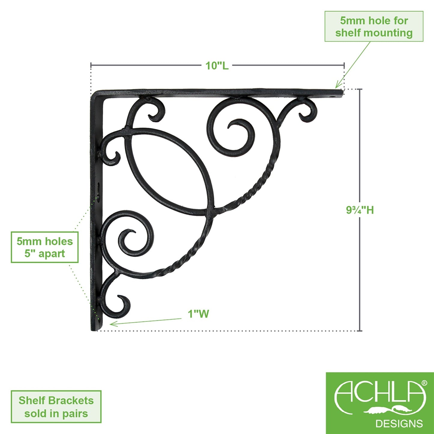 ACHLA Scroll Shelf Bracket Pair | Traditional Wrought Iron Black Powder Coat | Kitchen & Living Room Wall Shelf Support | Model B-21