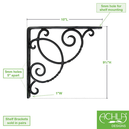ACHLA Scroll Shelf Bracket Pair | Traditional Wrought Iron Black Powder Coat | Kitchen & Living Room Wall Shelf Support | Model B-21