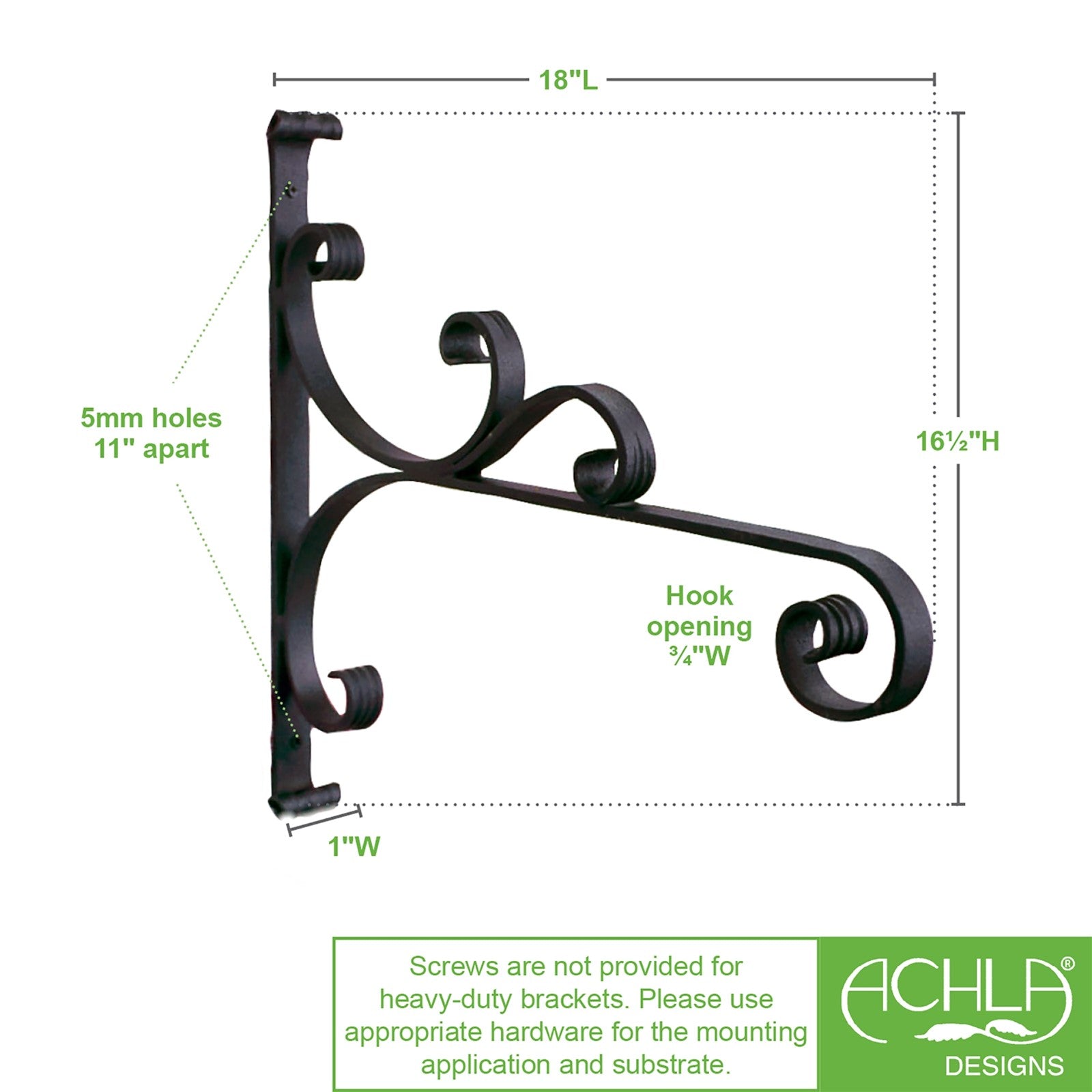 ACHLA Large All Purpose Bracket 18in Wrought Iron Black Powder Coat | Outdoor Wall Mount Plant Hanger | Flower Basket & Bird Feeder | Model B-28