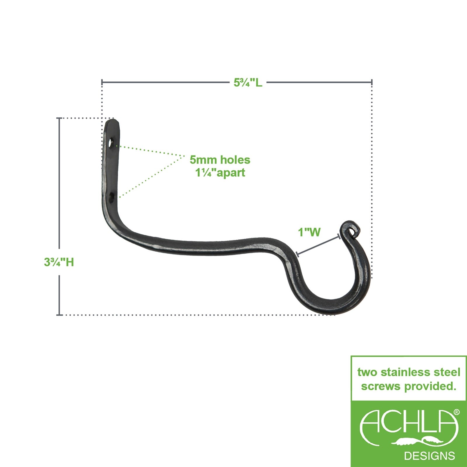 ACHLA O-Hook 2-Pack | Graphite Powdercoat Wrought Iron Wall Hooks | Indoor & Outdoor Use for Wind Chimes & Bells | 6 x 2.5 x 0.5 in | Model B-29L-2
