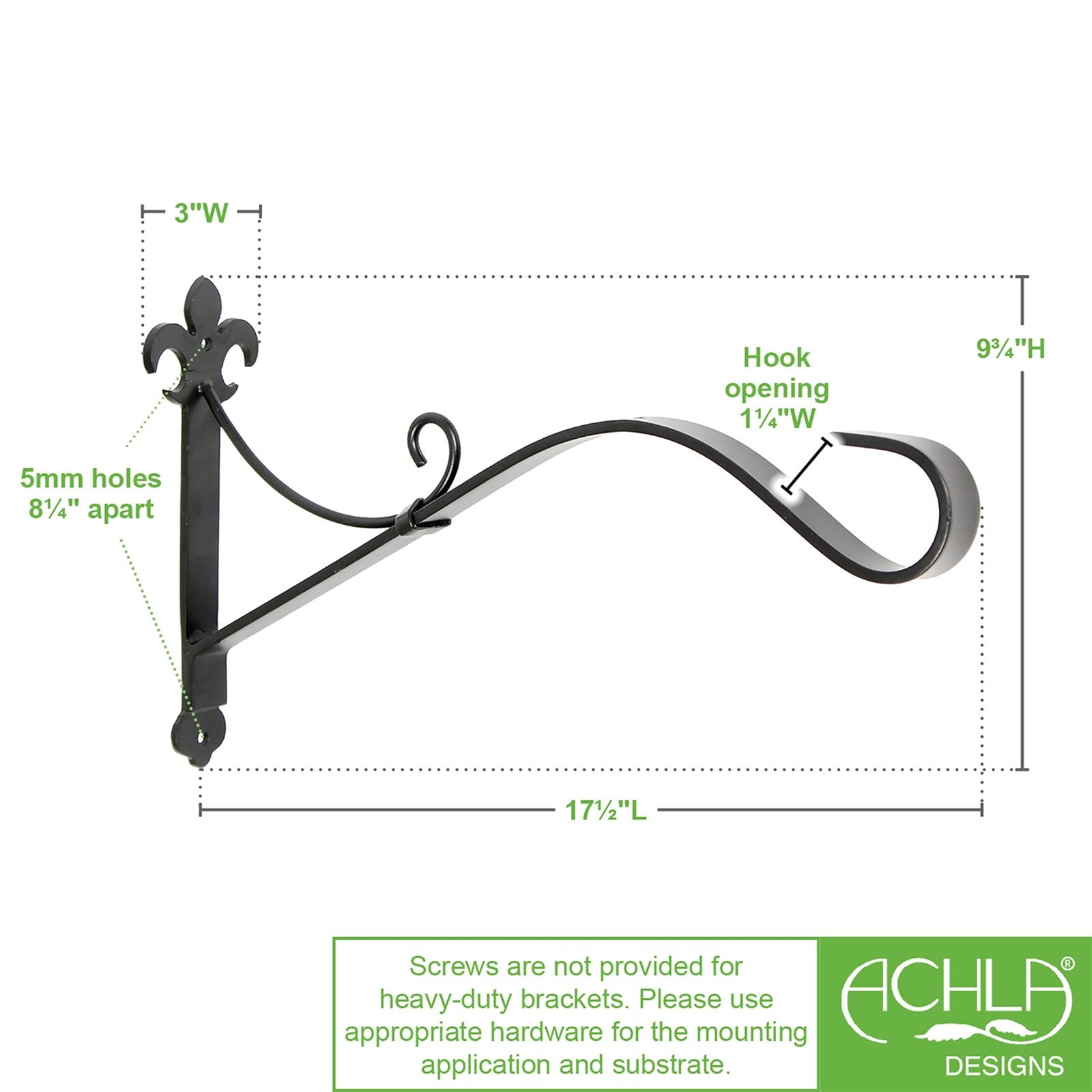 ACHLA Fleur-de-Lis Bracket Large | Black Wrought Iron Heavy Duty | Outdoor Patio & Porch Hanging Basket | 17.5 x 3 x 9.75 in | Model B-41