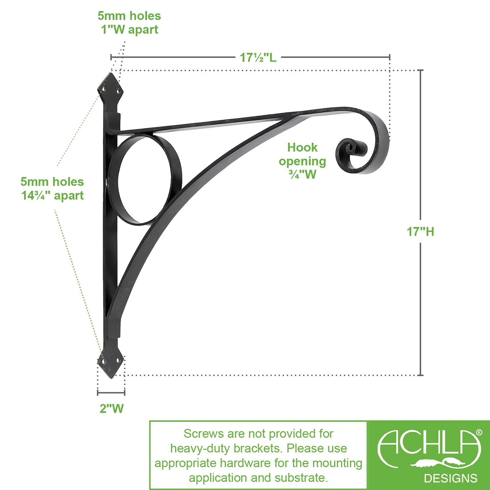 ACHLA Corona Bracket Small | Black Wrought Iron Heavy Duty | Outdoor Hanging Basket Support | 17.5 x 2 x 17 in | Model B-44