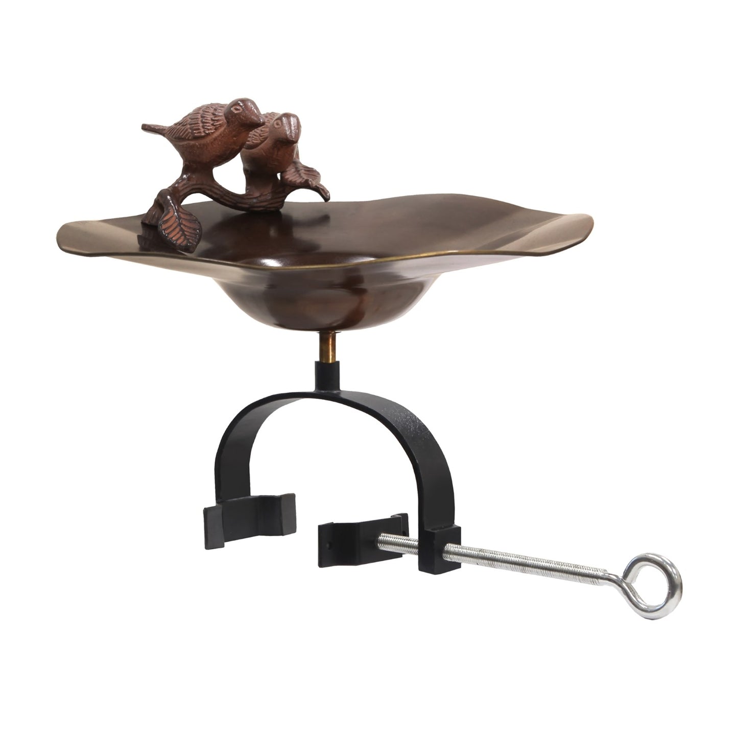 ACHLA Birds Birdbath with Over Railing Bracket | Antique Patina Brass and Aluminum with Black Wrought Iron | Deck, Porch & Balcony | Model BB-02AB-OR2