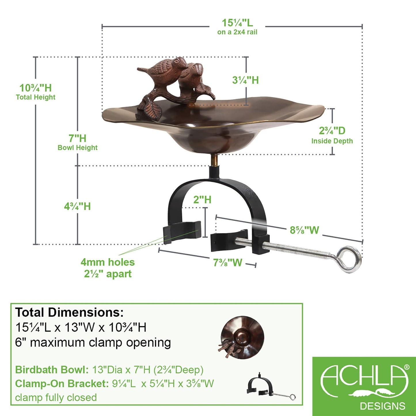 ACHLA Birds Birdbath with Over Railing Bracket | Antique Patina Brass and Aluminum with Black Wrought Iron | Deck, Porch & Balcony | Model BB-02AB-OR2