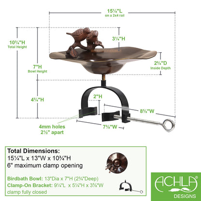 ACHLA Birds Birdbath with Over Railing Bracket | Antique Patina Brass and Aluminum with Black Wrought Iron | Deck, Porch & Balcony | Model BB-02AB-OR2