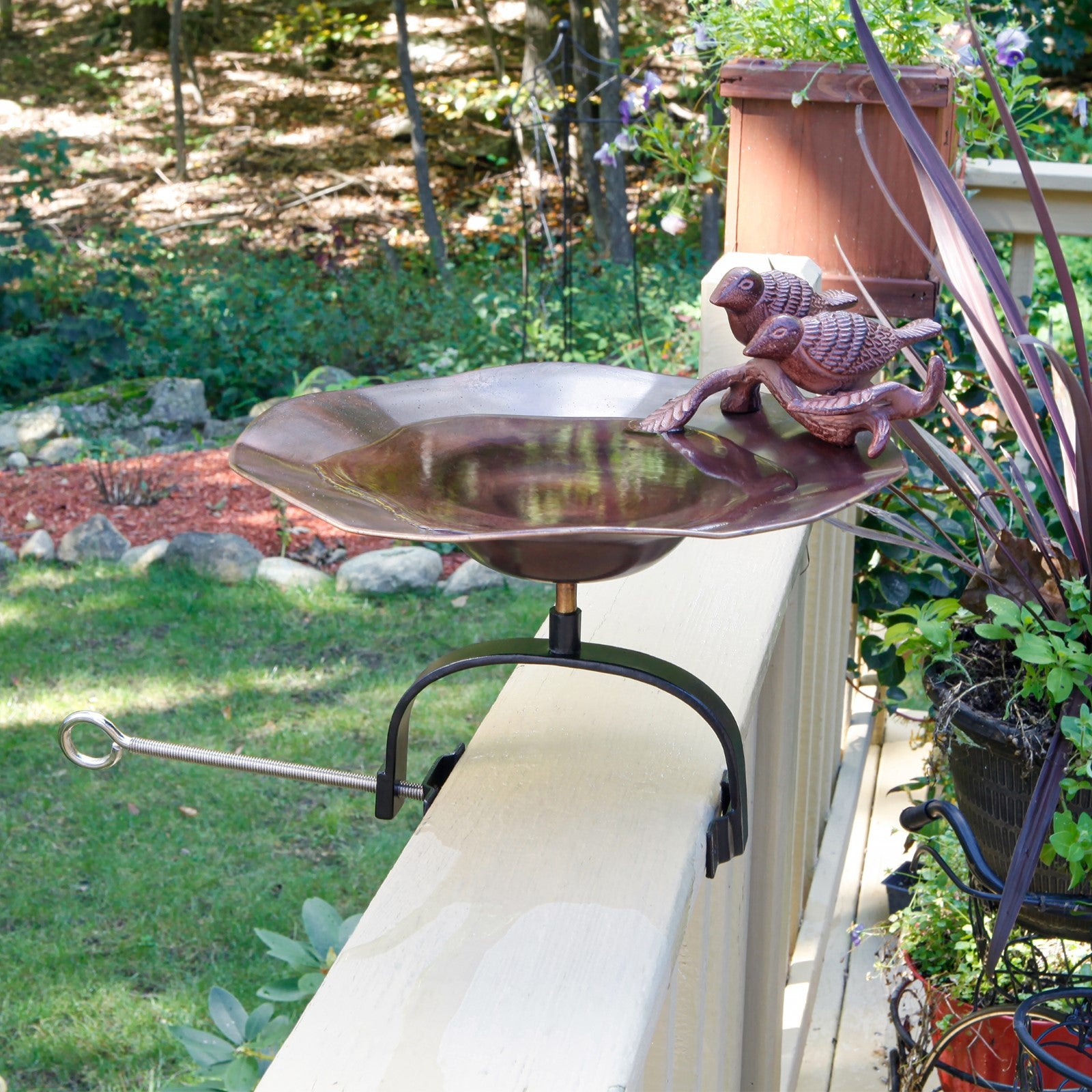 ACHLA Birds Birdbath with Over Railing Bracket | Antique Patina Brass and Aluminum with Black Wrought Iron | Deck, Porch & Balcony | Model BB-02AB-OR2