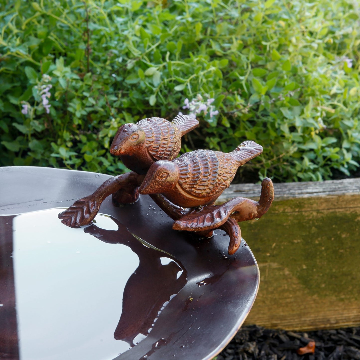 ACHLA Birds Birdbath with Over Railing Bracket | Antique Patina Brass and Aluminum with Black Wrought Iron | Deck, Porch & Balcony | Model BB-02AB-OR2