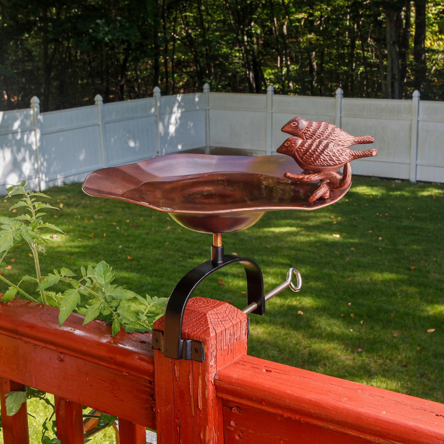 ACHLA Birds Birdbath with Over Railing Bracket | Antique Patina Brass and Aluminum with Black Wrought Iron | Deck, Porch & Balcony | Model BB-02AB-OR2