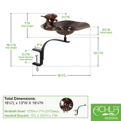 ACHLA Birdbath with Rail Mount Bracket | Antique Patina Brass and Aluminum | Deck, Porch & Balcony Garden Accent | 13 x 19 x 16 in | Model BB-02AB-RM