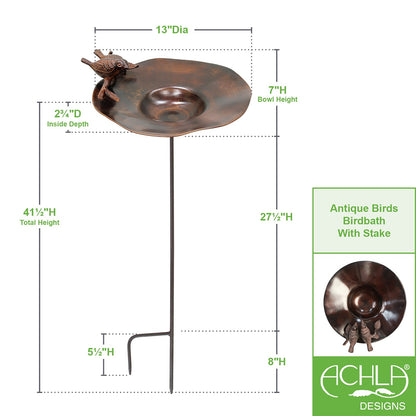ACHLA Antiqued Birdbath with Birds Stand | Antique Brass Metal | Garden & Patio Accent | 13 in Dia, 2.5-5 in H | Model BB-02AB-S