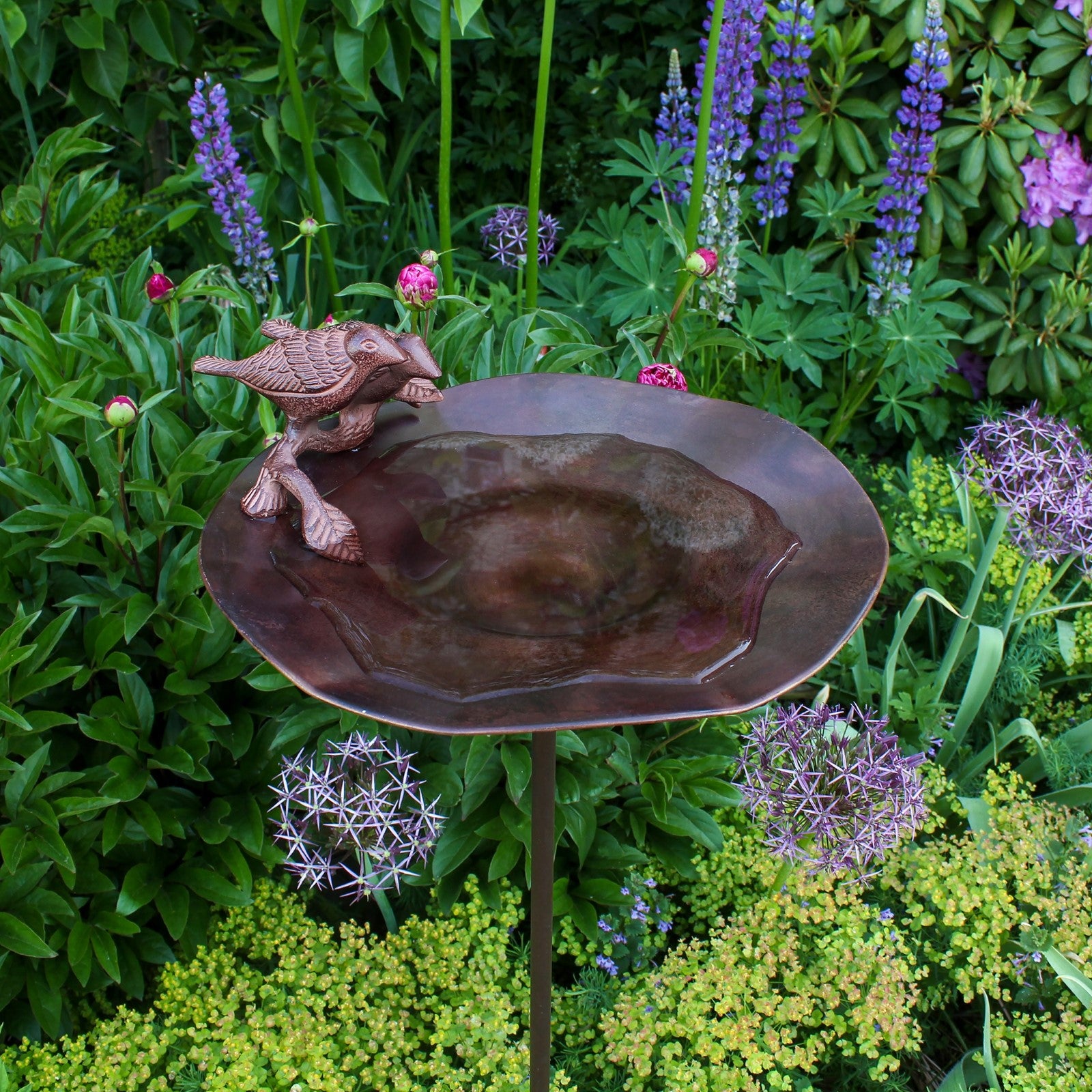 ACHLA Antiqued Birdbath with Birds Stand | Antique Brass Metal | Garden & Patio Accent | 13 in Dia, 2.5-5 in H | Model BB-02AB-S