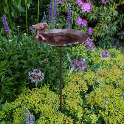 ACHLA Antiqued Birdbath with Birds Stand | Antique Brass Metal | Garden & Patio Accent | 13 in Dia, 2.5-5 in H | Model BB-02AB-S