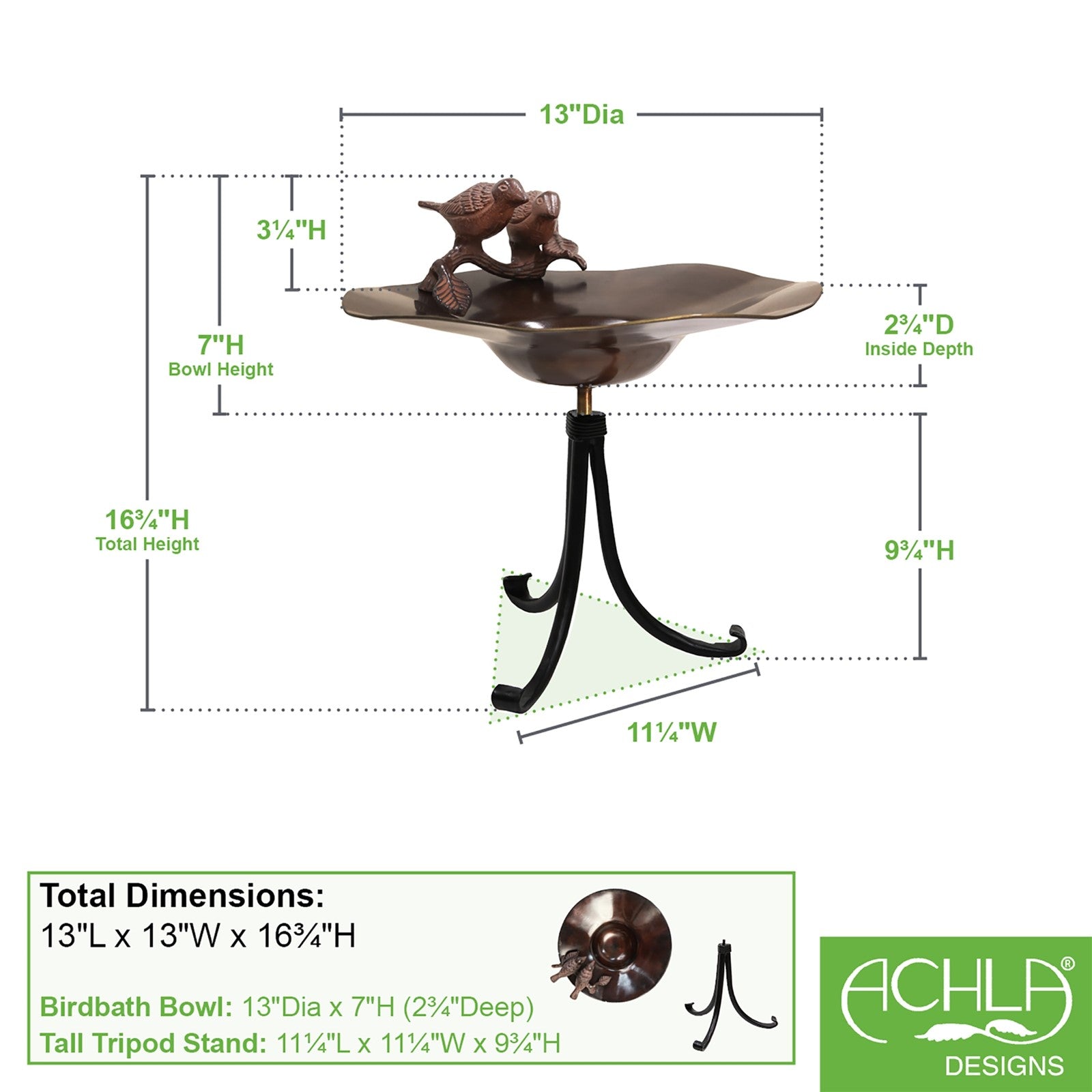 ACHLA Birds Birdbath with Tripod Stand | Antique Patina Brass and Wrought Iron | Garden & Patio Accent | 13 x 13 x 14 in | Model BB-02AB-TR2