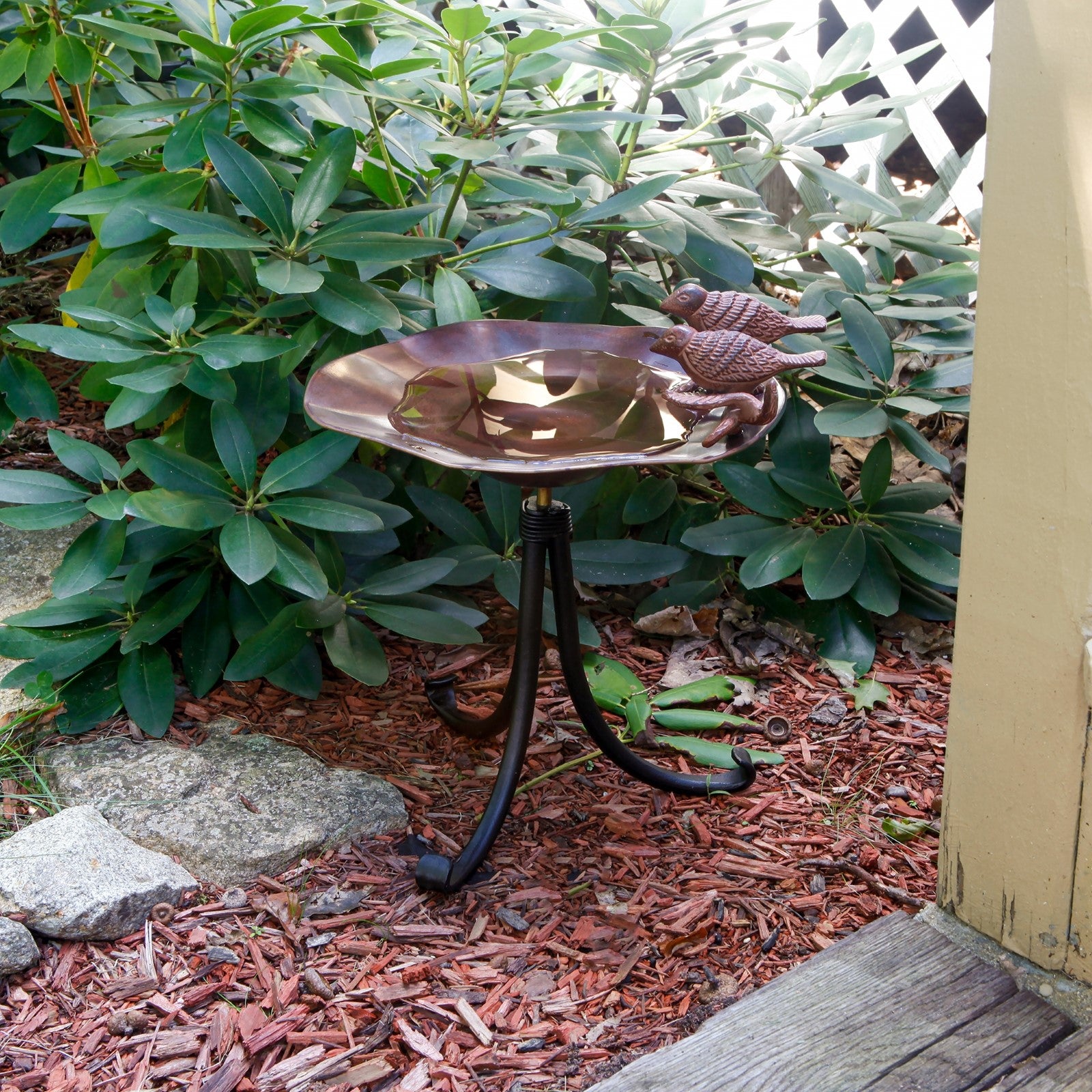 ACHLA Birds Birdbath with Tripod Stand | Antique Patina Brass and Wrought Iron | Garden & Patio Accent | 13 x 13 x 14 in | Model BB-02AB-TR2