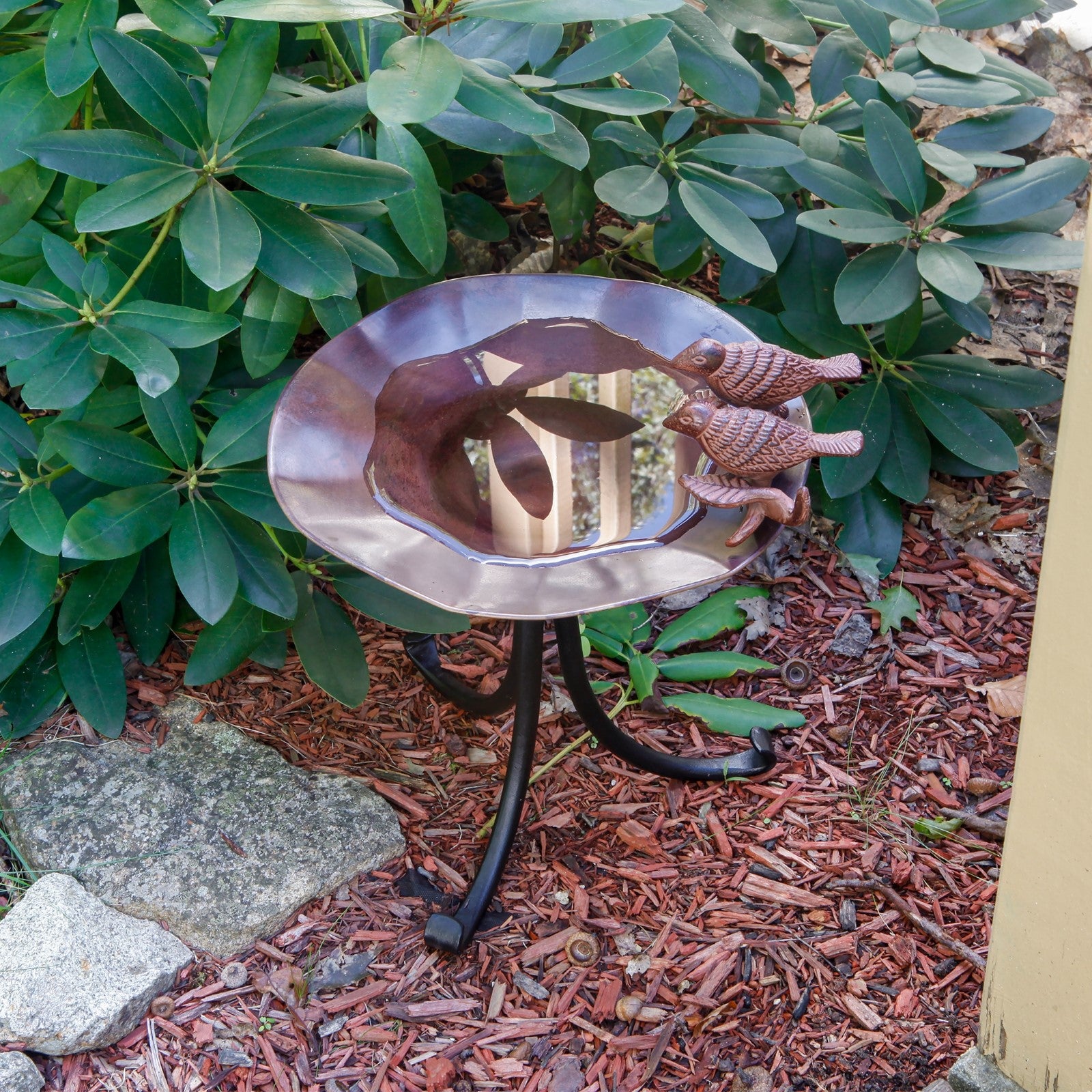 ACHLA Birds Birdbath with Tripod Stand | Antique Patina Brass and Wrought Iron | Garden & Patio Accent | 13 x 13 x 14 in | Model BB-02AB-TR2