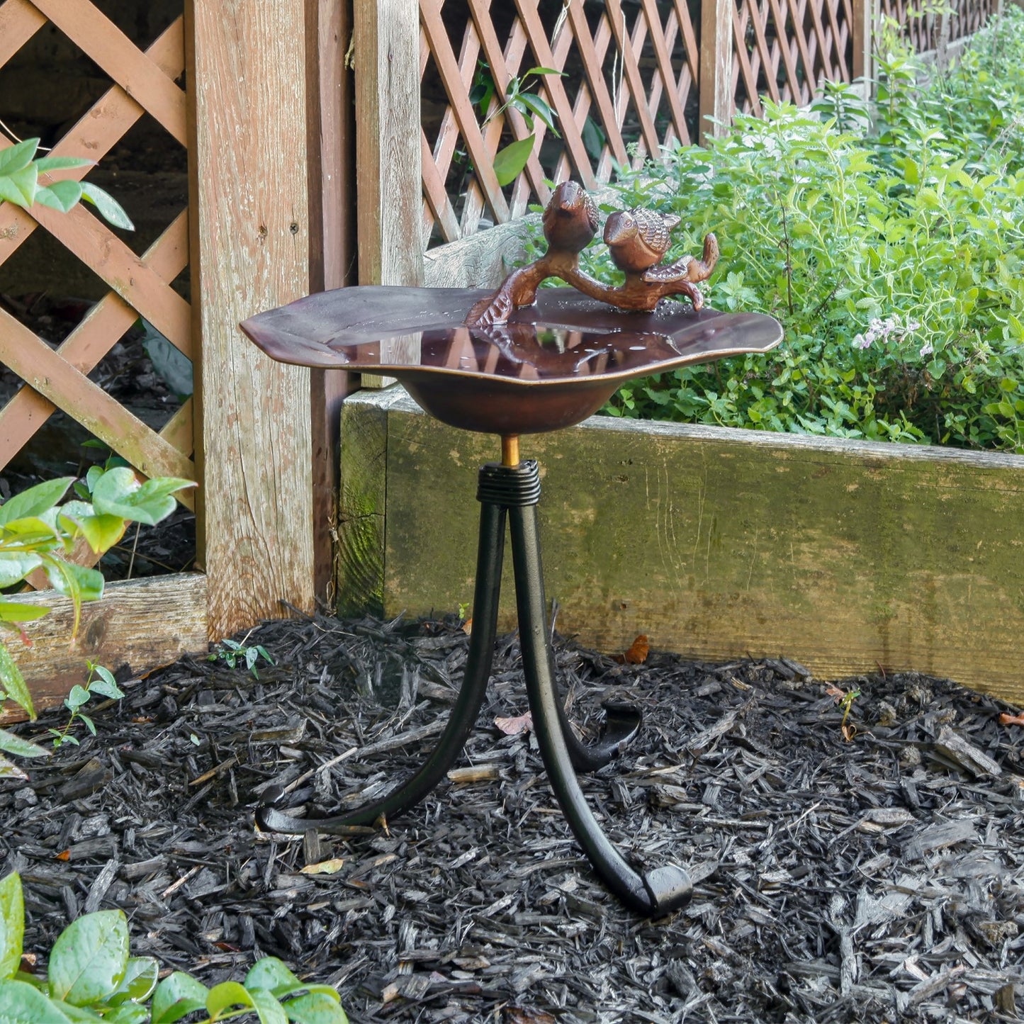 ACHLA Birds Birdbath with Tripod Stand | Antique Patina Brass and Wrought Iron | Garden & Patio Accent | 13 x 13 x 14 in | Model BB-02AB-TR2