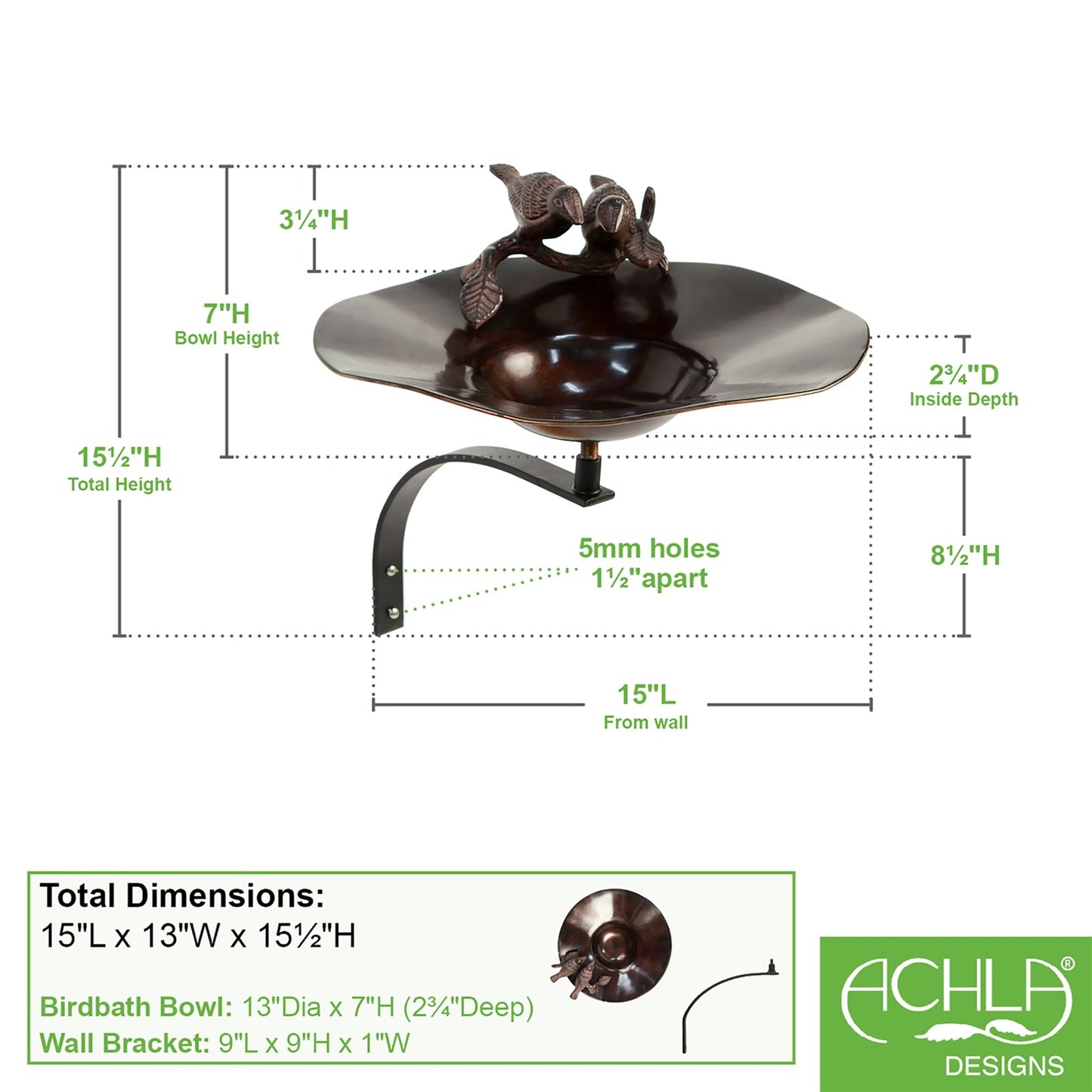ACHLA Birdbath with Wall Mount Bracket | Antique Patina Brass and Aluminum | Outdoor Garden & Patio Accent | 13 x 15 x 14 in | Model BB-02AB-WM