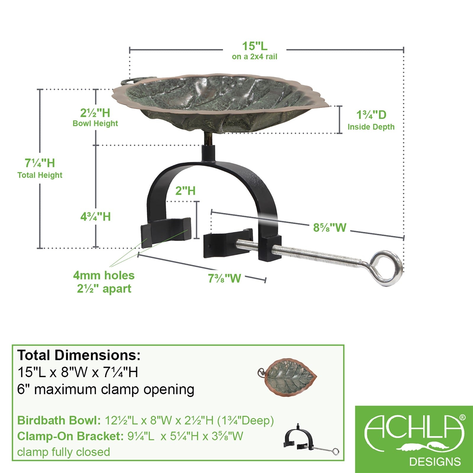 ACHLA Aspen Leaf Birdbath Over Rail Bracket | Antique Brass and Black Wrought Iron | Deck, Porch & Balcony Bird Bath | 15 x 8 x 7 in | Model BB-04-OR2