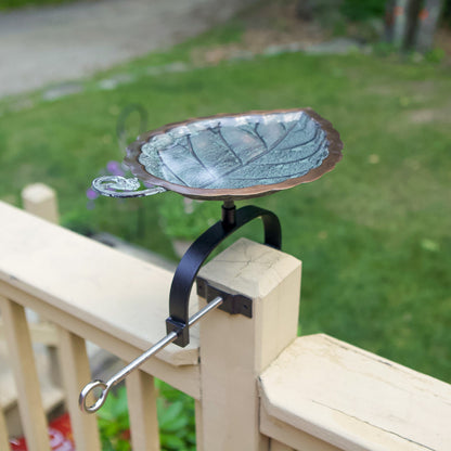 ACHLA Aspen Leaf Birdbath Over Rail Bracket | Antique Brass and Black Wrought Iron | Deck, Porch & Balcony Bird Bath | 15 x 8 x 7 in | Model BB-04-OR2