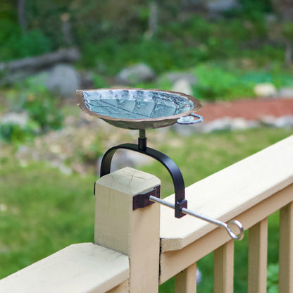 ACHLA Aspen Leaf Birdbath Over Rail Bracket | Antique Brass and Black Wrought Iron | Deck, Porch & Balcony Bird Bath | 15 x 8 x 7 in | Model BB-04-OR2