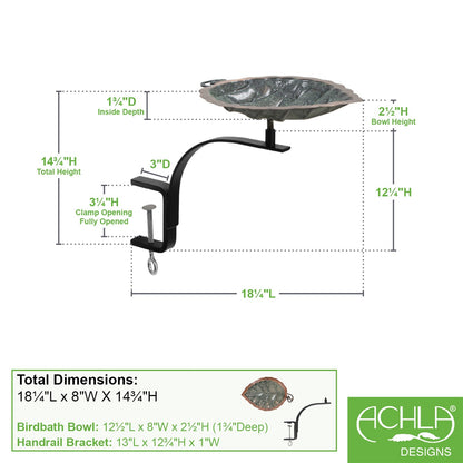 ACHLA Aspen Leaf Rail-Mount Birdbath | Antique Brass Plated and Verdigris Copper Bowl | Outdoor Deck & Balcony Accent | Model BB-04-RM