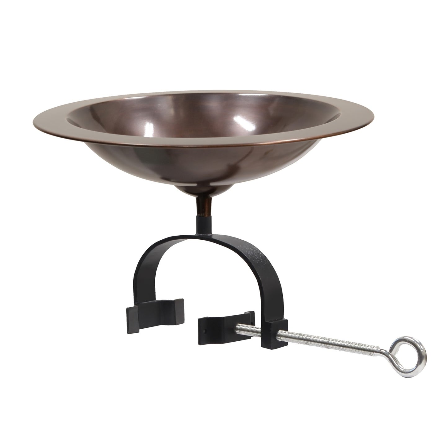 ACHLA Classic II Birdbath Over Rail Bracket | Antique Copper Brass Bowl on Black Wrought Iron | Deck, Porch & Balcony Bird Bath | Model BB-05-OR2