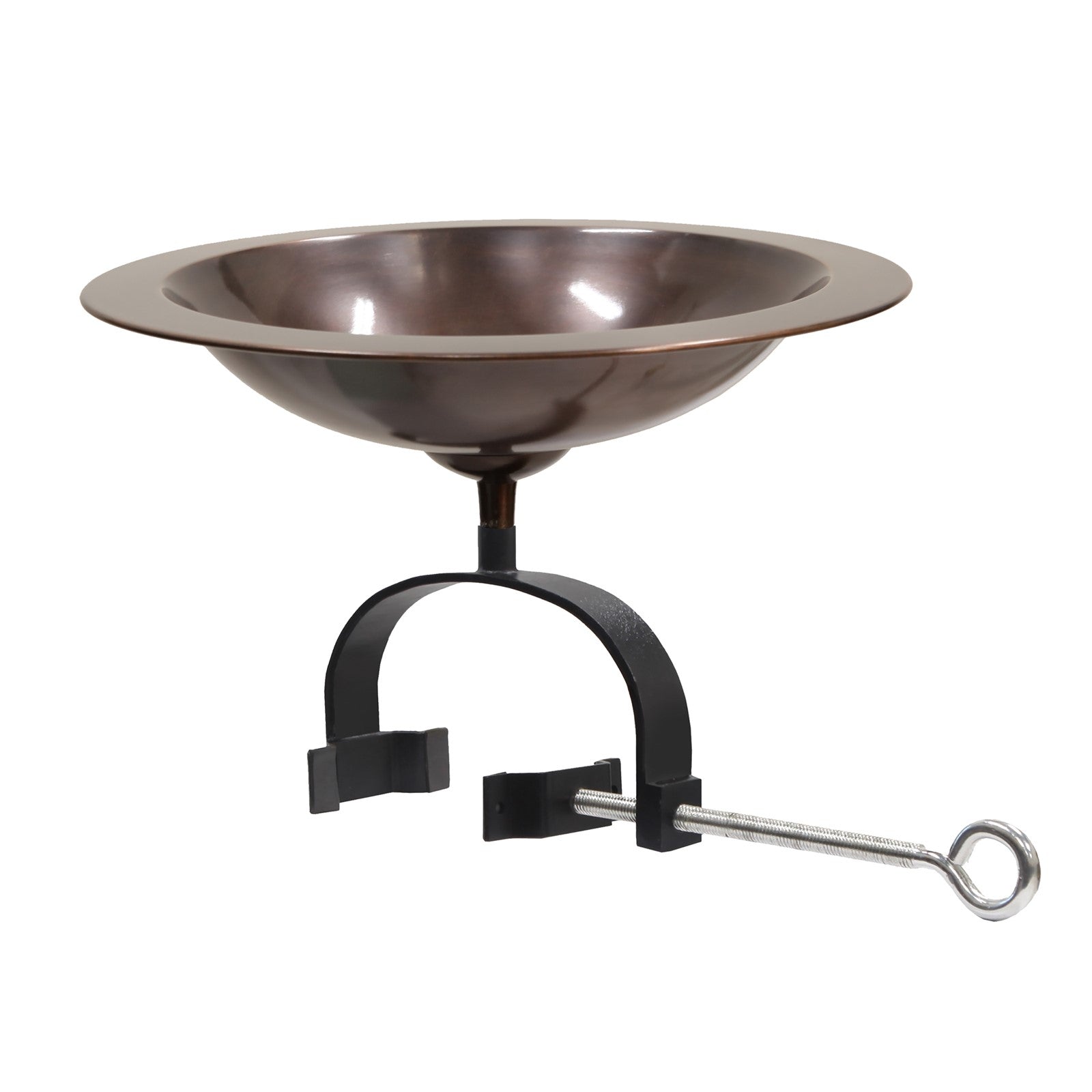 ACHLA Classic II Birdbath Over Rail Bracket | Antique Copper Brass Bowl on Black Wrought Iron | Deck, Porch & Balcony Bird Bath | Model BB-05-OR2