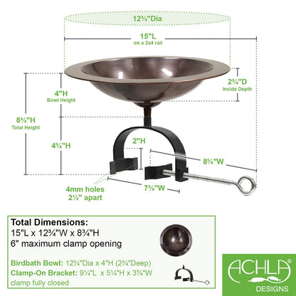 ACHLA Classic II Birdbath Over Rail Bracket | Antique Copper Brass Bowl on Black Wrought Iron | Deck, Porch & Balcony Bird Bath | Model BB-05-OR2