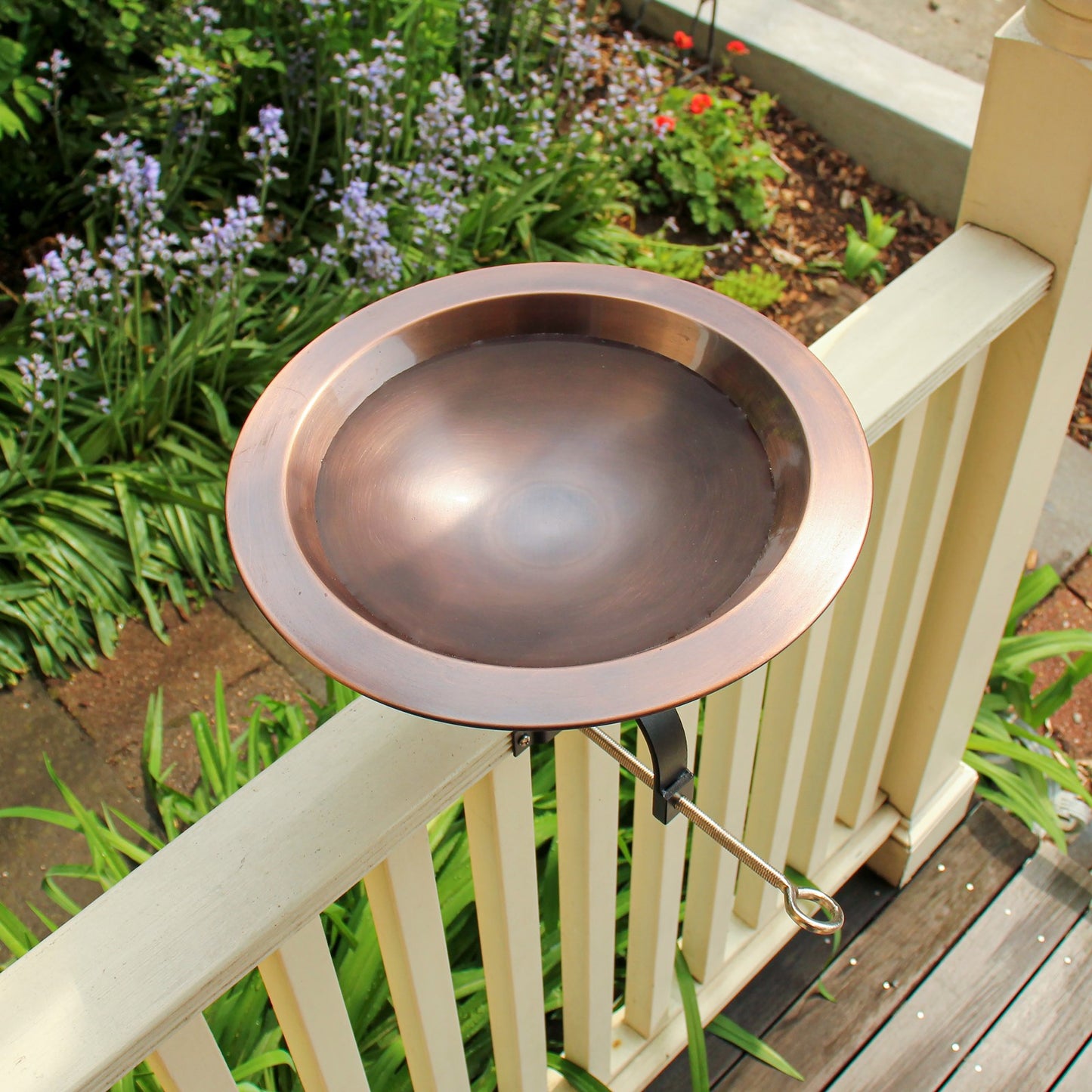 ACHLA Classic II Birdbath Over Rail Bracket | Antique Copper Brass Bowl on Black Wrought Iron | Deck, Porch & Balcony Bird Bath | Model BB-05-OR2