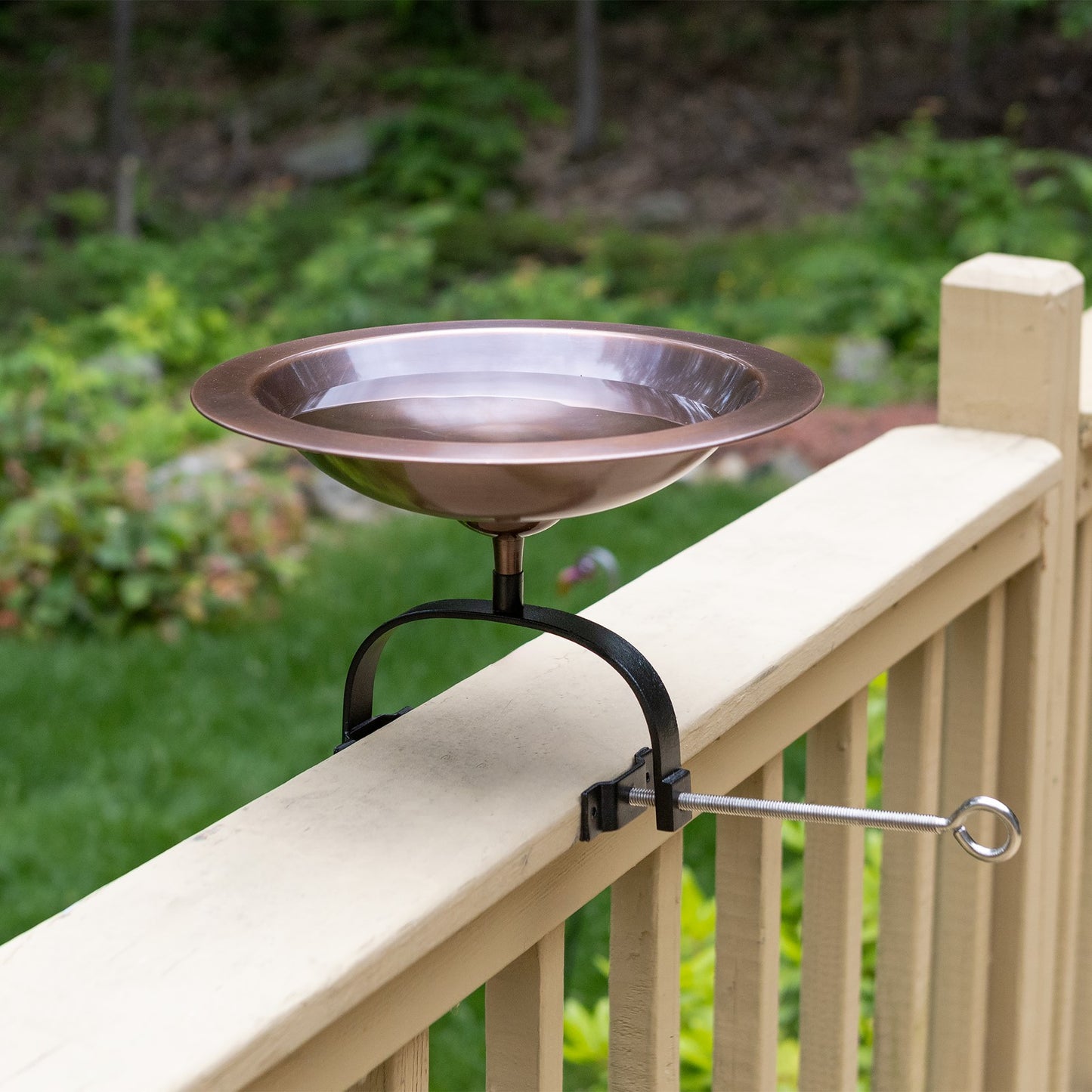 ACHLA Classic II Birdbath Over Rail Bracket | Antique Copper Brass Bowl on Black Wrought Iron | Deck, Porch & Balcony Bird Bath | Model BB-05-OR2