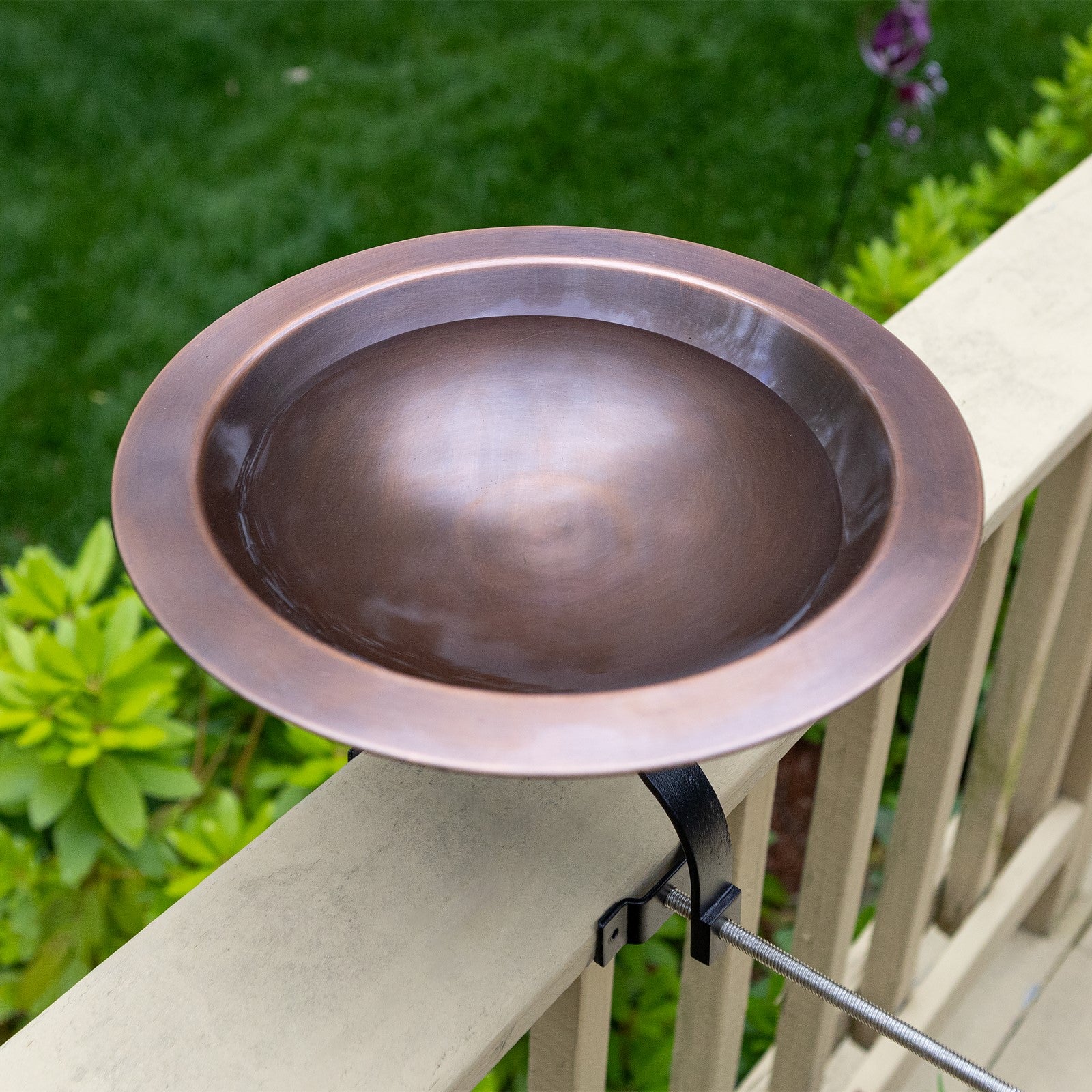 ACHLA Classic II Birdbath Over Rail Bracket | Antique Copper Brass Bowl on Black Wrought Iron | Deck, Porch & Balcony Bird Bath | Model BB-05-OR2
