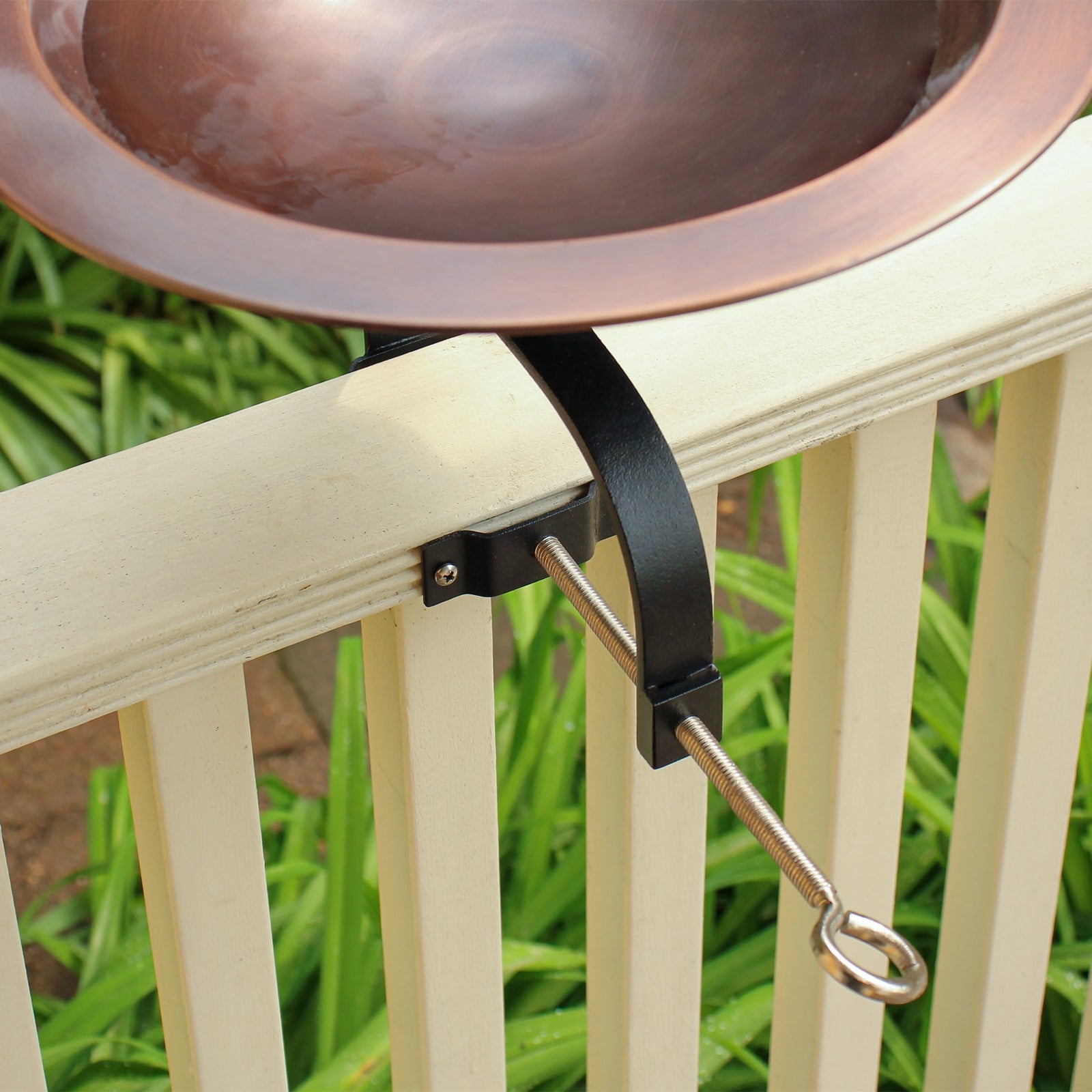 ACHLA Classic II Birdbath Over Rail Bracket | Antique Copper Brass Bowl on Black Wrought Iron | Deck, Porch & Balcony Bird Bath | Model BB-05-OR2