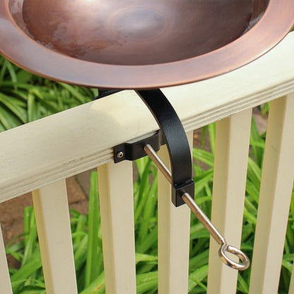 ACHLA Classic II Birdbath Over Rail Bracket | Antique Copper Brass Bowl on Black Wrought Iron | Deck, Porch & Balcony Bird Bath | Model BB-05-OR2