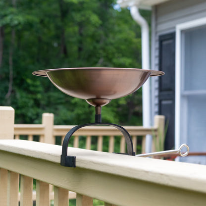 ACHLA Classic II Birdbath Over Rail Bracket | Antique Copper Brass Bowl on Black Wrought Iron | Deck, Porch & Balcony Bird Bath | Model BB-05-OR2