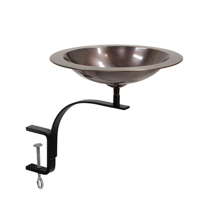 ACHLA Classic II Birdbath with Rail Mount Bracket | Antique Copper Brass Bowl and Black Wrought Iron Bracket | Deck & Balcony Bird | Model BB-05-RM